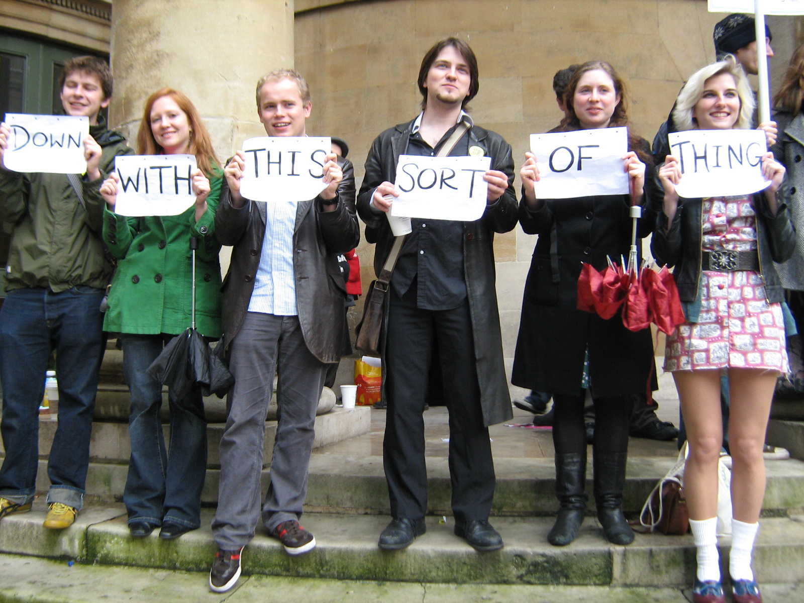 Malcolm, Liv, Mike, Chris, Liv #2, Bryony Malcolm: we're here because we want 6music to stay open and we don't want the BBC to waste money on rubbish like Snog Marry Avoid when the most innovative, exciting and genuinely exciting new music station is about to be closed down for rubbish reasons. So we're expressing our middle class frustrations as fully paid up licence fee payers we object to the wonderful service being taken away.